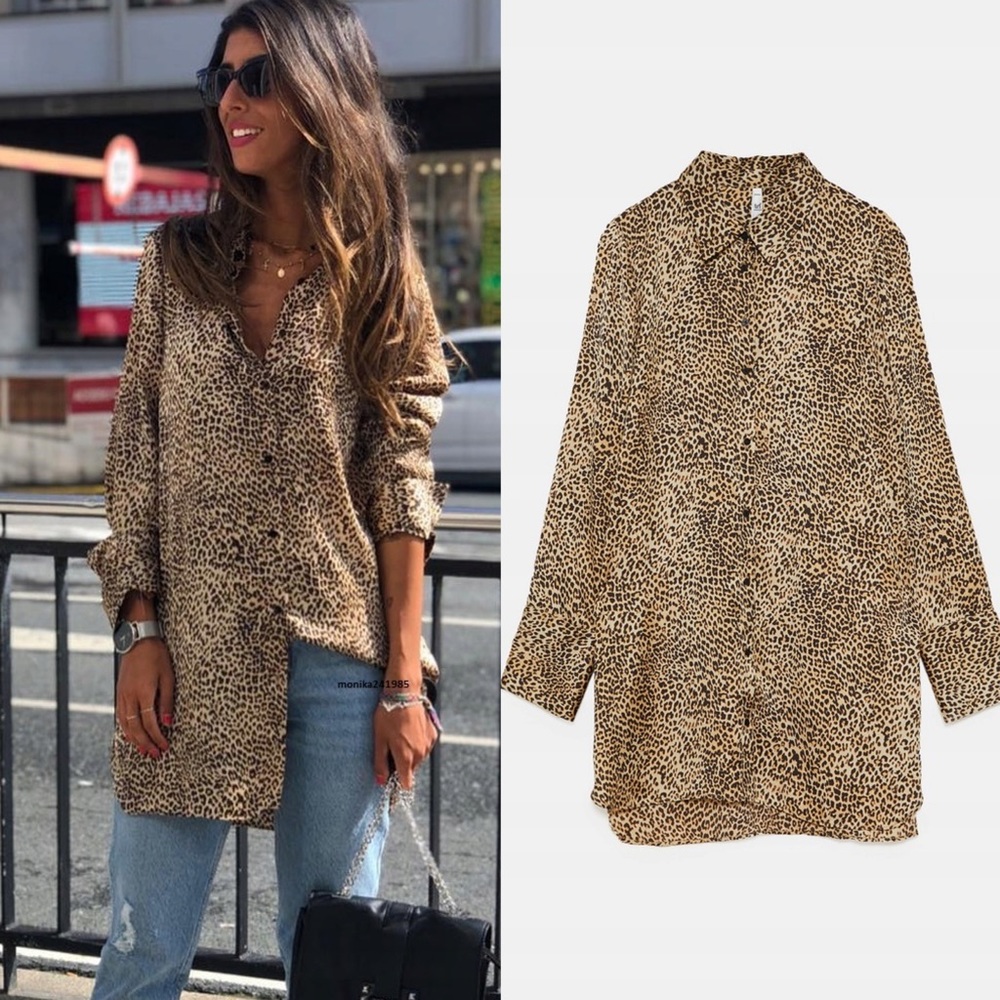ZARA Satin Effect Leopard Print Long Button Up Blouse Long sleeve Printed Tunic